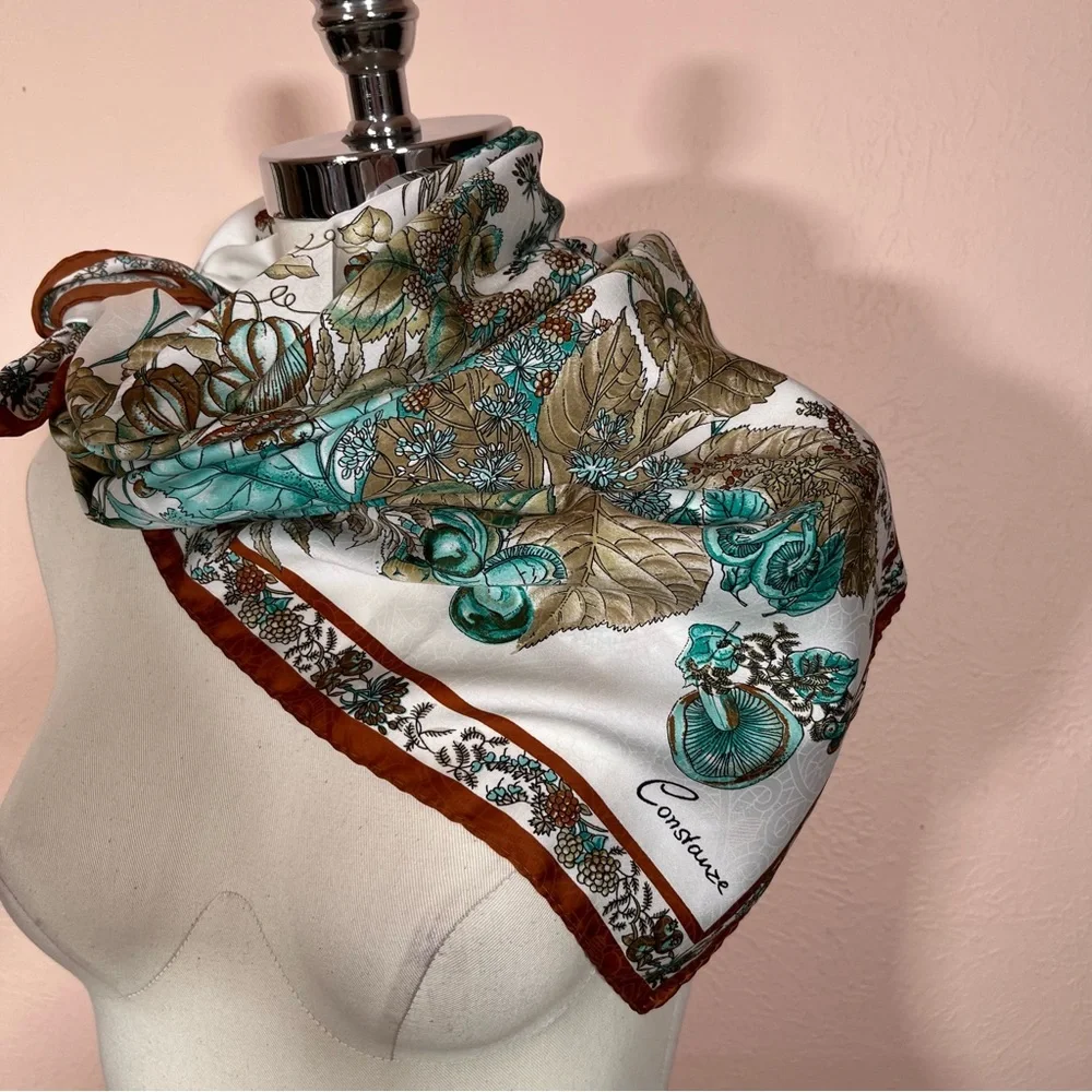 Vintage MCM Constanze  Fairycore Floral Mushroom Rust Aqua Jacquard silk Scarf
